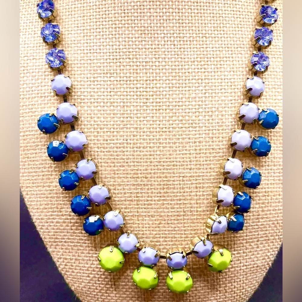 Stunning J J. Crew Bib Statement Necklace Beads Rhinestones Blue Green Sparkle